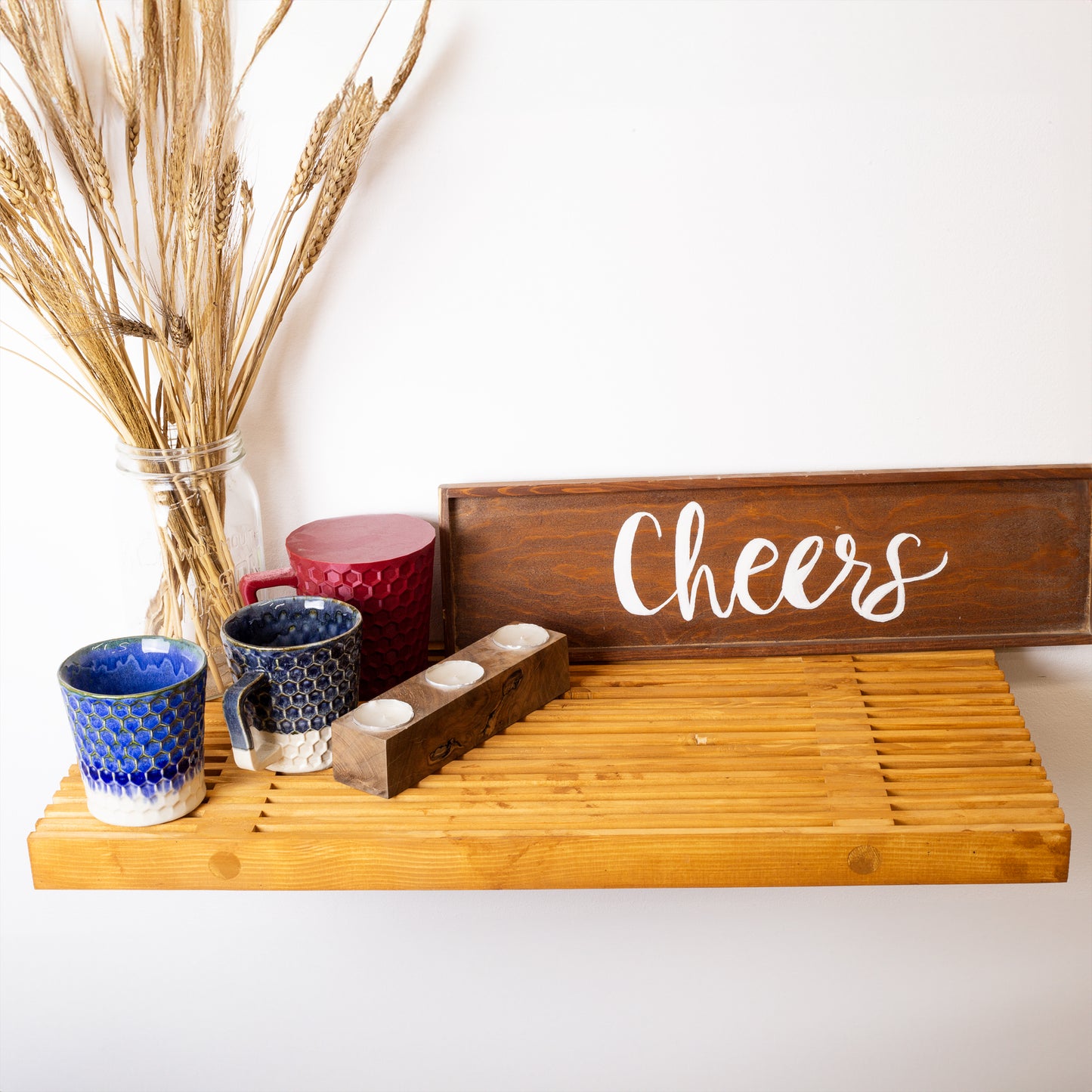 Handmade Pine Wood Floating Shelf, Rustic Wall-Mounted Display Shelf