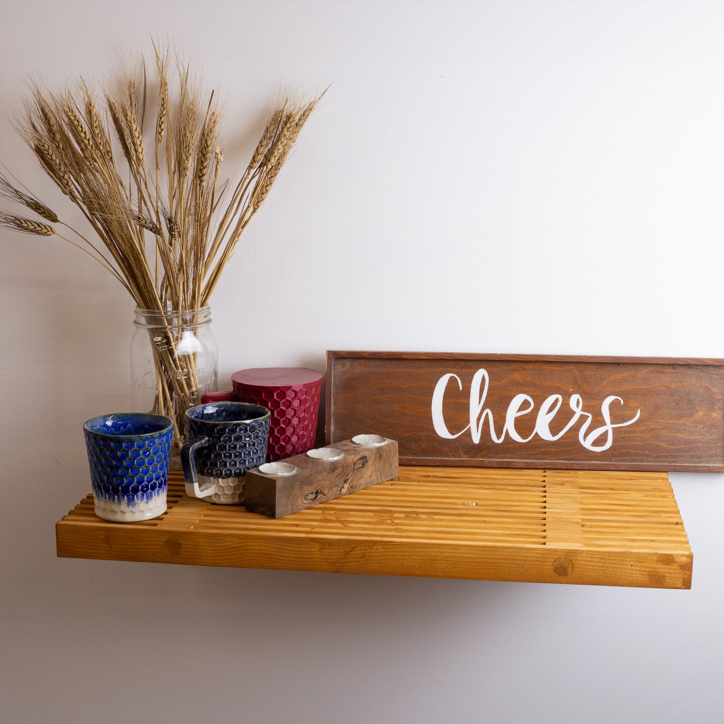 Handmade Pine Wood Floating Shelf, Rustic Wall-Mounted Display Shelf